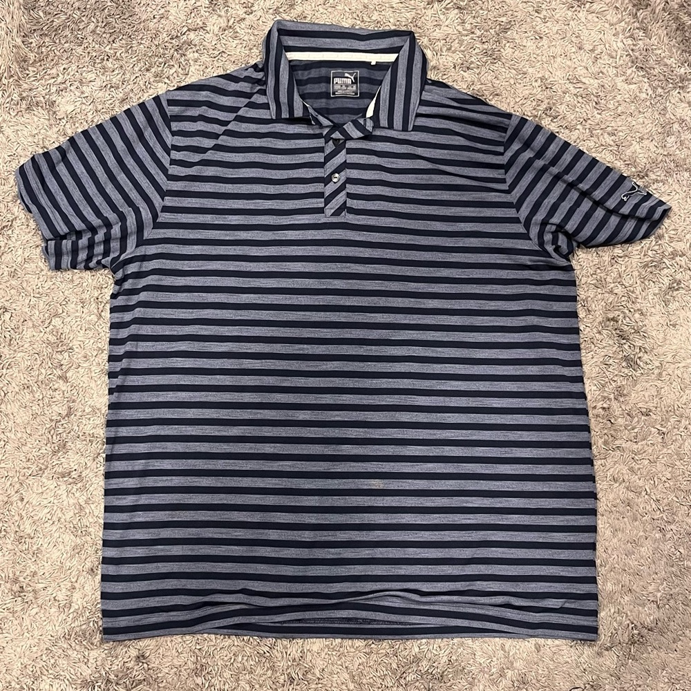 Puma Blue Striped Polo Shirt Sporty Casual